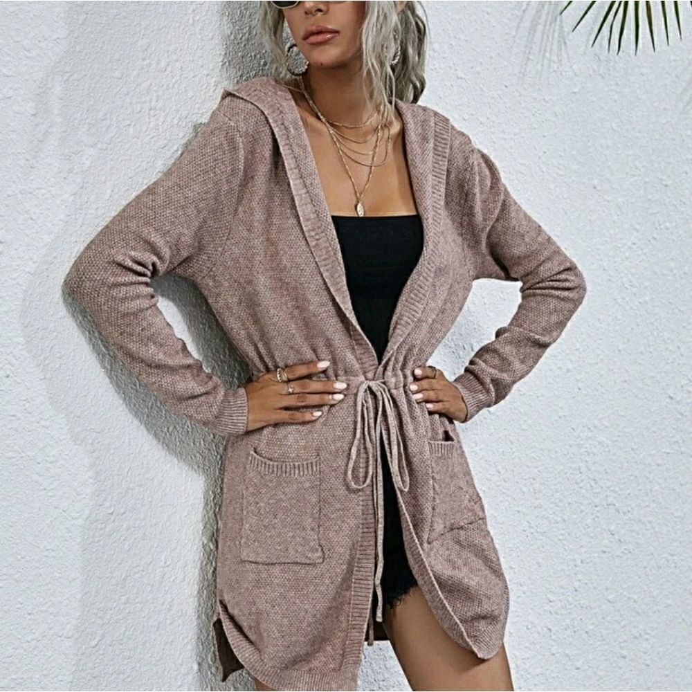 Hooded Drawstring Waist Cardigan - Picture 7 of 11